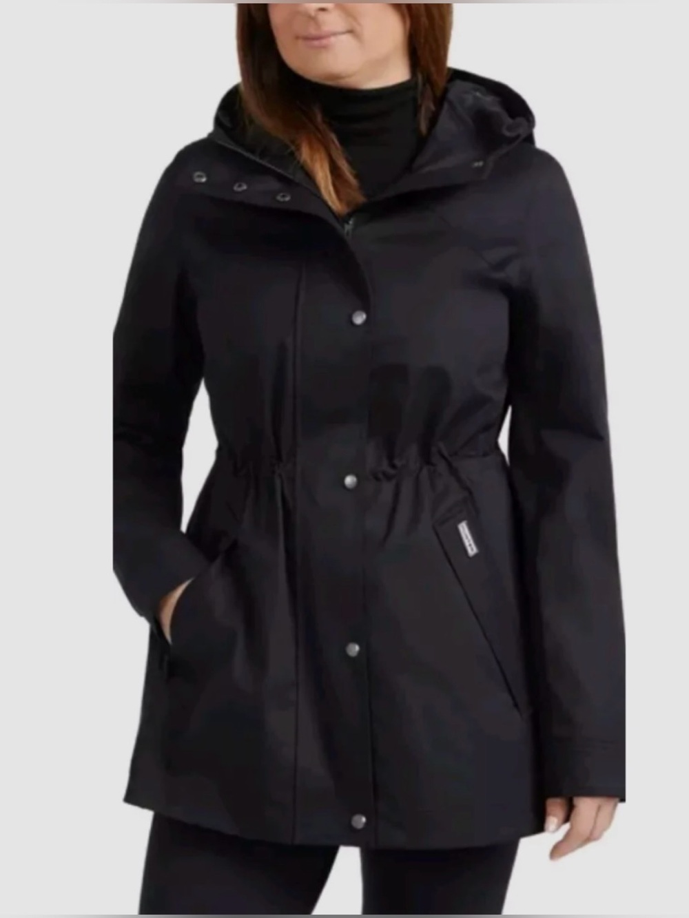 Hunter Black Hooded Trench Coat Rain Jacket Cinched Waist Size M
